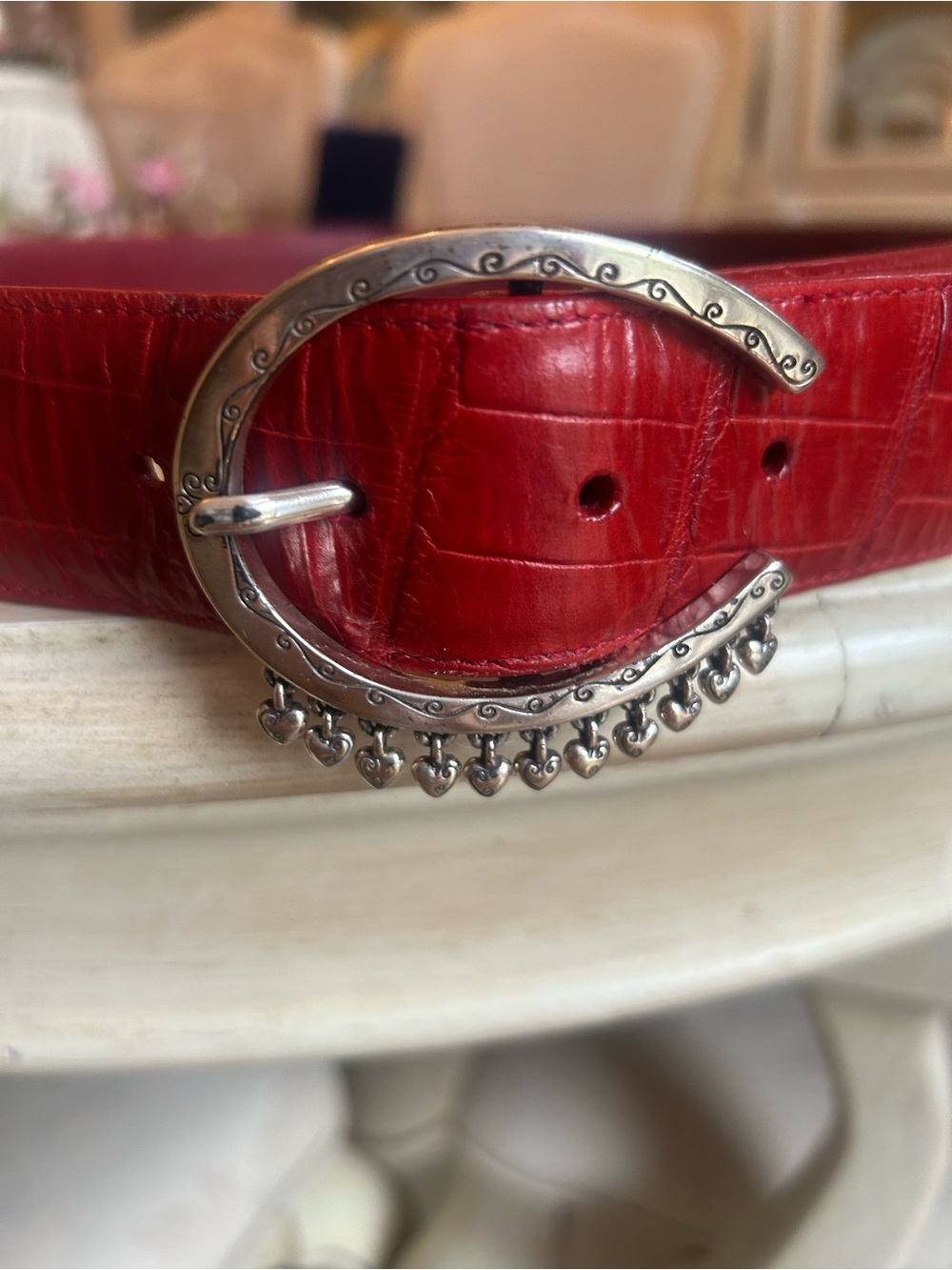 Brighton Red Leather Belt with Decorative Silver Heart-Trim Buckle